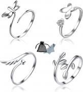 SwirlColor Adjustable Rings for Women Girls, Open Finger Rings Wing Butterfly Dragonfly Leaf Ring 4pcs, with Jewelry Box 1pcs