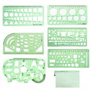 Normographe Geographie, 1-18cm Gabarits de Mesure Plastique Vert Gabarit GÃ©omÃ©trique Equerre Dessin pour la Mesure de la Peinture Ã©cole D'architectes 6pcs, avec Sac A5 Ã  Fermeture Ã  GlissiÃ¨re 1pcs